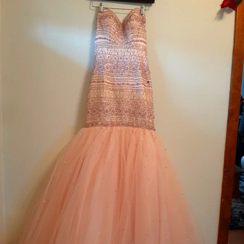 Morilee by Madeline Gardner, rhinestones with lace up back gown